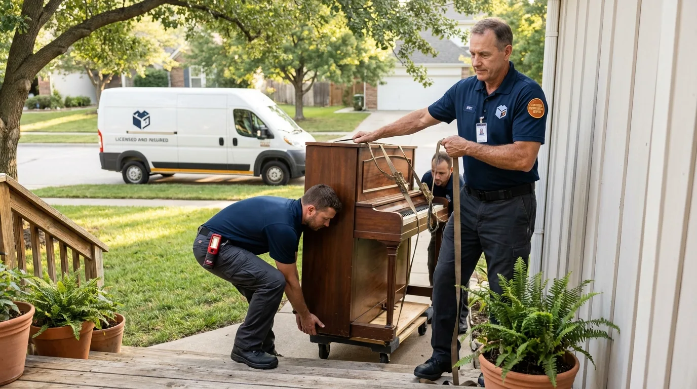 Licensed piano movers securing grand piano in Waterville, WA
