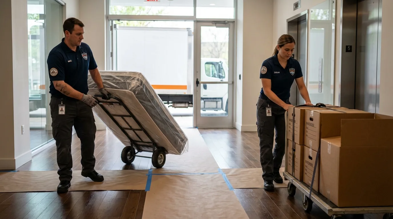 Professional apartment movers loading elevator in Waterville, WA