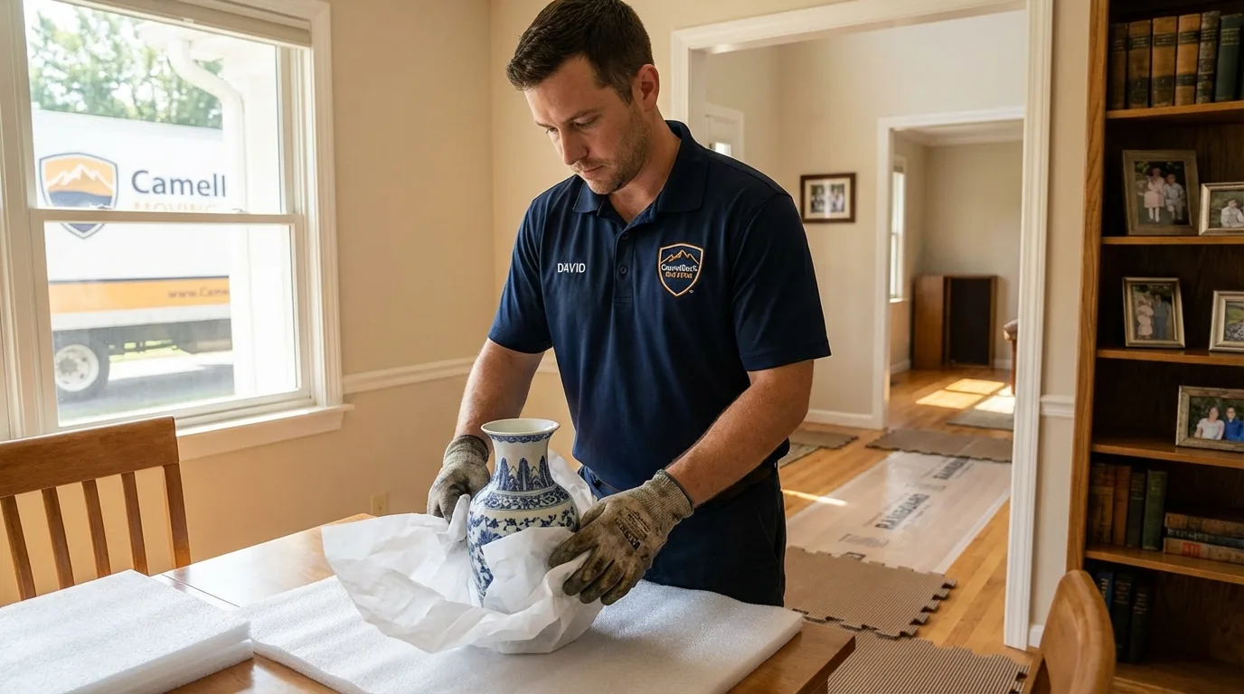 Professional crew carefully wrapping antique vase for senior downsizing move in Waterville, WA